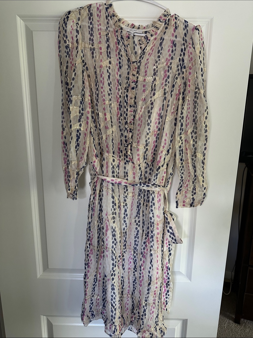 Reiss Skyla Metallic Spot Lamé Detailed Chiffon Dress